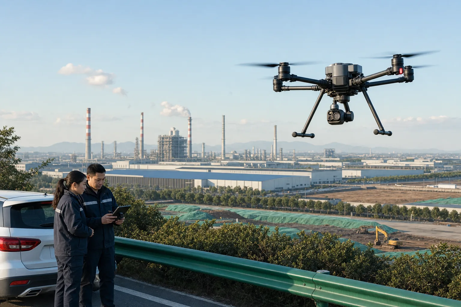 Drone environmental inspection over an industrial park